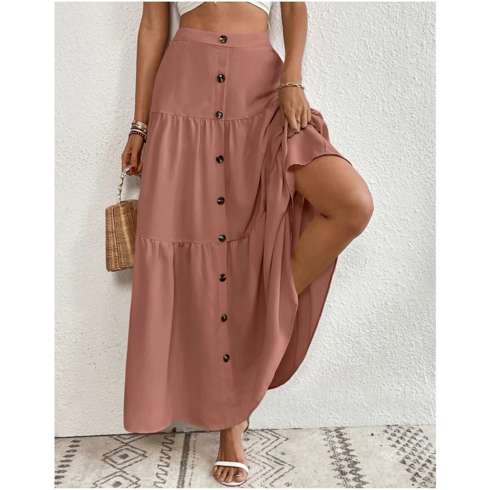 Solid High Waist Button Detail Ruffle Hem Maxi Skirt